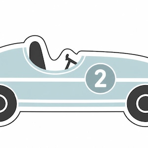 May include: A light blue vintage race car illustration with white stripes and the number 2 on the side. The car has black wheels and a black interior, perfect for nursery decor or children's room art.