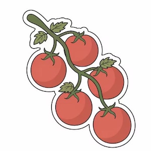 May include: A die-cut sticker featuring a cluster of five round red tomatoes attached to a single green vine with small green leaves. The illustration has a thick white border outlining the shape of the tomatoes and the vine against a plain background.