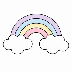 May include: A pastel rainbow illustration with a light purple top band, followed by blue, yellow, and pink arches. Two white fluffy clouds are at the base of the rainbow, all outlined in black, set against a white background.