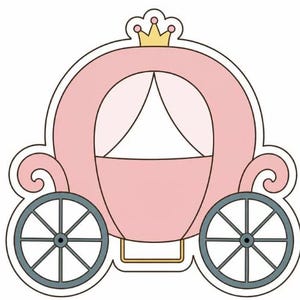 Peut inclure: Illustration d'une calèche rose de princesse avec une couronne dorée. La calèche a deux roues grises et un intérieur blanc. Le contour est noir, sur fond blanc.