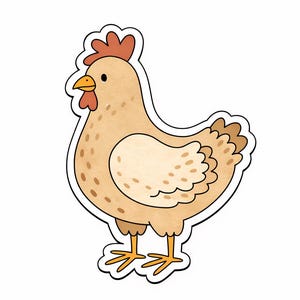 May include: A cartoon illustration of a chicken. The chicken is light brown with darker brown spots and a white belly. It has a red comb and wattle, a yellow beak, and orange feet. The image has a white outline.