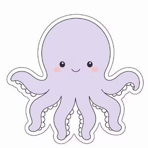 Può includere: Illustrazione di un cartone animato di un polpo lavanda con otto tentacoli. Il polpo ha una faccia sorridente con guance rosate e occhi neri. Il contorno del polpo è bianco.