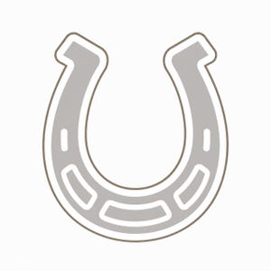 May include: A gray horseshoe illustration with a white outline. The horseshoe has a classic U-shape with rectangular cutouts and is set against a white background. The design is simple and clean.