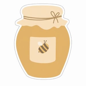 Peut inclure: Un autocollant découpé en forme de pot de miel avec un couvercle beige clair attaché par une ficelle brune. Le pot est d'une couleur jaune doré chaud et présente une étiquette carrée au centre avec une illustration simple d'un bourdon rayé.