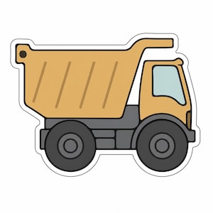 May include: A cartoon illustration of a yellow dump truck with black tires and a gray chassis. The truck has a raised bed and a small cab with a blue window. The image is outlined in black.