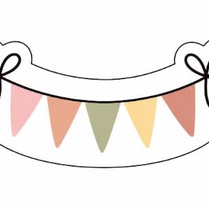 May include: A banner-shaped design with a black outline and a string of colourful pennants. The pennants are in shades of pink, orange, green, and yellow. Two black bows are on each end of the banner.