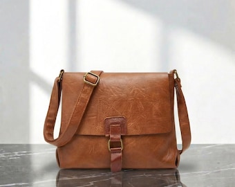 Vegan Leather Satchel Bag: Brown Crossbody Work Shoulder Bag