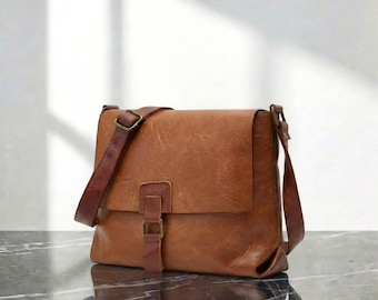 Vegan Leather Satchel Bag, Brown Crossbody Shoulder Bag, Casual Messenger Bag, Everyday Work Handbag