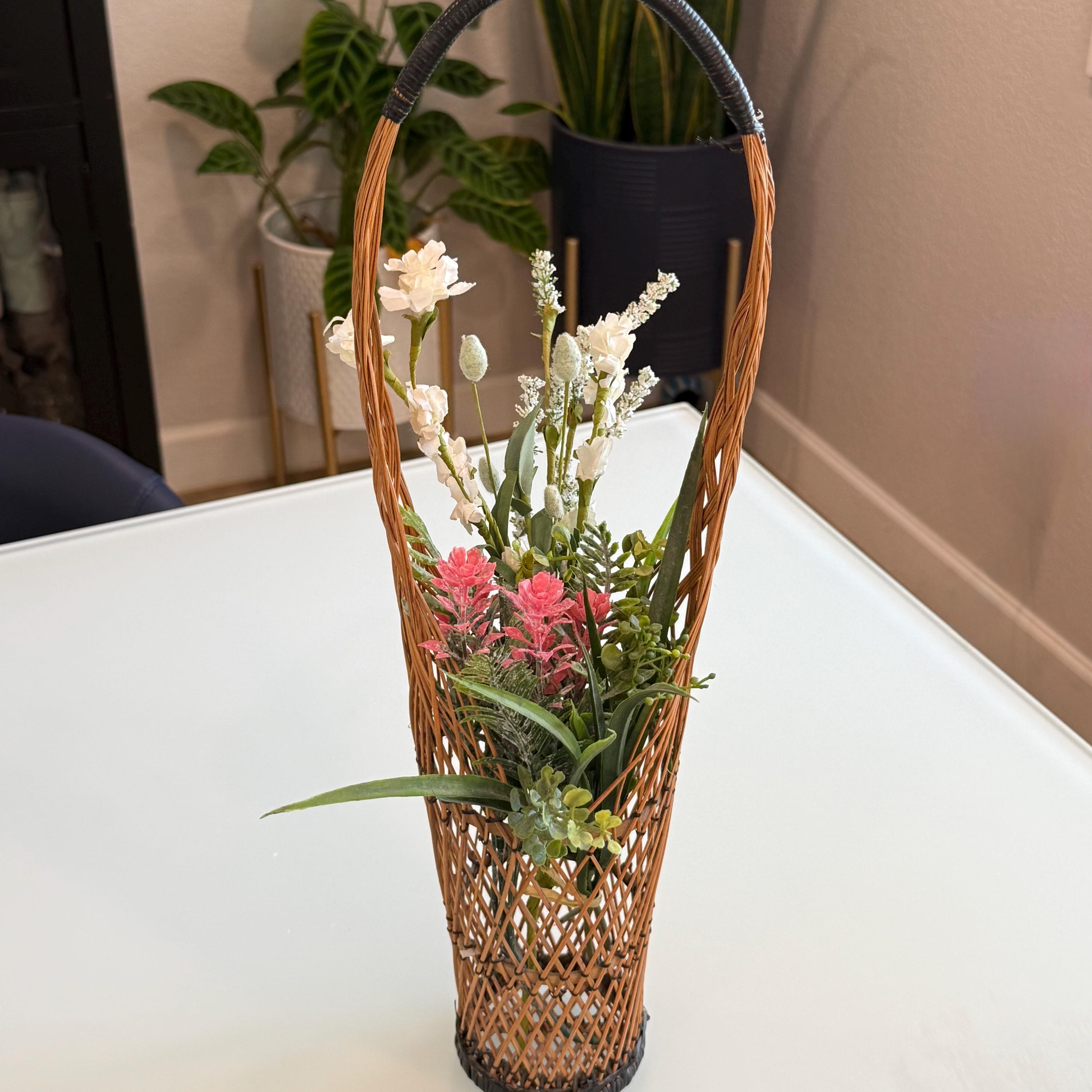 Vintage Japanese Ikebana Bamboo Vase, Handwoven Black Fiber Tall Floral Display
