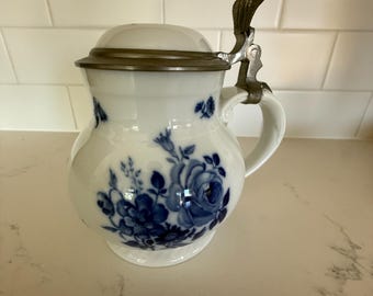 Vintage Alt Tettau Porzellan Bierkrug, Blauer Blumen Zinndeckel, Made Germany