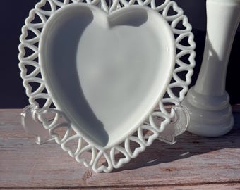 Vintage Westmoreland Milk Glass Heart Dish, Lattice Border, Cottage Decor