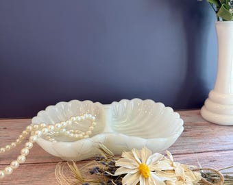 Vintage Avon Milk Glass Double Seashell Dish, Scalloped Vanity Catchall, Coastal Decor