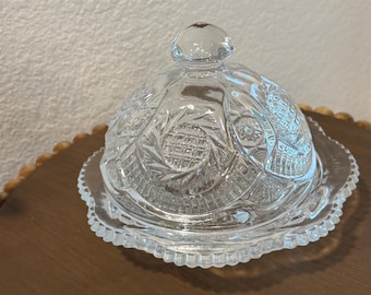 Vintage LE Smith Sunburst Pattern Covered Butter Dish, Clear Pressed Glass Domed Cheese Dish, Sawtooth Rim