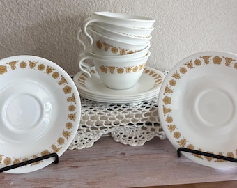 Vintage Corelle Butterfly Gold Teacup Saucer Set, MCM Retro Drinkware