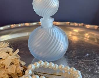 Vintage Frosted Blue Glass Perfume Bottle, Mid Century Vanity Decor, Romantic Swirl Glass Bottle, Retro Dressing Table Accent