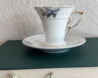 Vintage Joseph Sedgh Fine Bone China Teacup Saucer, English Butterflies Gold Trim