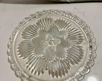 Vintage Indiana Glass Cake Stand, Crystal Starburst Pattern, Footed Cake Plate, Scalloped Rim Dessert Stand