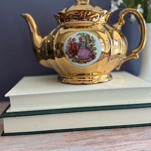 Vintage Crown Pottery Teapot, Courting Couple Victorian Gold Ceramic