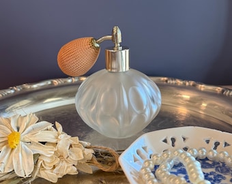Frosted Glass Perfume Atomizer, Art Deco Mid Century Vanity Boudoir Bottle