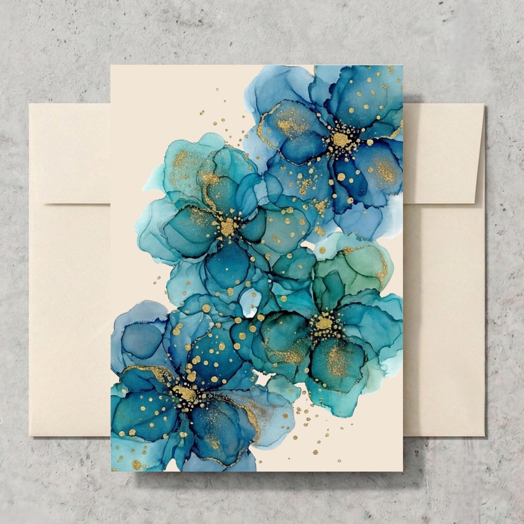 Teal Floral Set of 5 Blank Cards W/envelopes Gift Set Announcement Note ...