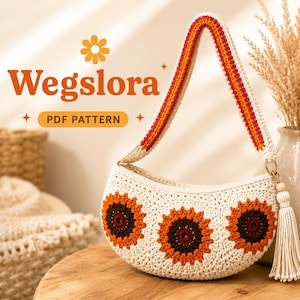 Puede incluir: Un bolso de mano de ganchillo color crema con tres aplicaciones de girasoles. El bolso tiene forma curva, cierre de cremallera y una correa larga con rayas naranjas y rojas. El texto "Wegslora PDF PATTERN" se muestra en naranja.