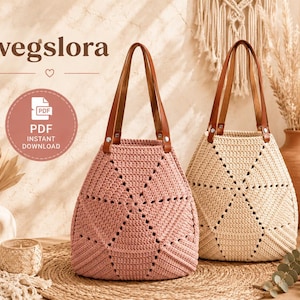 May include: Two handmade crochet tote bags with leather handles. One is a soft pink, the other is beige. The bags have a geometric design and are displayed on a woven mat. The word "wegslora" is at the top, with a PDF instant download icon.