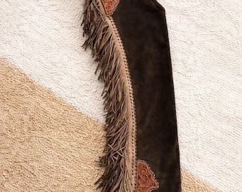 Donkerbruine suède westernchaps: 6-inch franjes