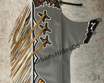 Handgefertigte Klassische Western Leder schwarze und graue Chaps für Herren – Cowboy Fringe Chap Robuste Hose im Rodeo Biker Style