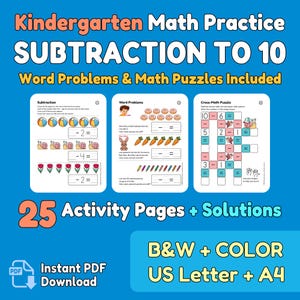 Pode incluir: Um fundo azul apresenta uma impressão de prática de matemática para crianças do jardim de infância. O título diz "Kindergarten Math Practice SUBTRACTION TO 10". A impressão inclui problemas de subtração, problemas de palavras e quebra-cabeças de matemática cruzada. O texto "25 Activity Pages + Solutions" também é visível.