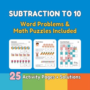 Attività di sottrazione per la scuola dell'infanzia / Sottrazioni fino a 10 stampabili / Fogli di lavoro di matematica da colorare / 24 pagine di esercizi di matematica divertenti in PDF