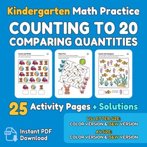 Puede incluir: Un imprimible educativo azul para la práctica de matemáticas en el jardín de infancia. El título dice "COUNTING TO 20 COMPARING QUANTITIES". Incluye 25 páginas de actividades con soluciones. Disponible en tamaños US Letter y A4, versiones en color y blanco y negro. Descarga instantánea en PDF.