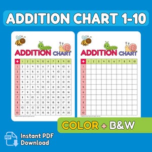 Może przedstawiać: Dwa kolorowe wykresy dodawania z tytułem "ADDITION CHART 1-10". Wykresy zawierają siatkę z liczbami i ilustracjami owadów. Obecny jest również tekst "COLOR + B&W". Obraz zawiera również tekst "Instant PDF Download".