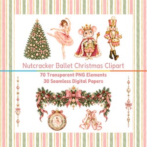 Può includere: Una collezione digitale intitolata Nutcracker Ballet Christmas Clipart con 70 elementi PNG trasparenti e 30 carte digitali. Le illustrazioni includono un albero di Natale, una ballerina, un re topo, uno schiaccianoci e scarpette da danza.