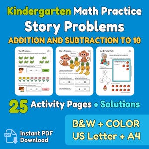 25 övningsblad med sagoproblem för dagis: Addition och subtraktion upp till 10, klipp och klistra i matematik, digital nedladdning i PDF-format