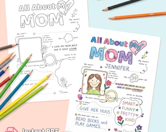 All About My Mom Fill in the Blank Printable | Mother's Day Coloring Questionnaire | Funny Last Minute Gift for Mommy | Instant Download