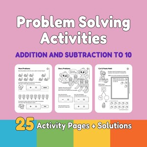 Könnte beinhalten: Ein Set aus 25 pädagogischen Arbeitsblättern für Addition und Subtraktion bis 10. Auf dem rosa Hintergrund steht der Titel Problem Solving Activities, mit drei Beispielseiten, die Textaufgaben, Geschichten und Bastelaufgaben zeigen.