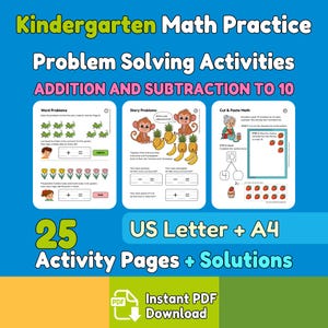 Problemas matemáticos para preescolar / Suma y resta hasta 10 / 25. Actividades imprimibles para resolver problemas (PDF).