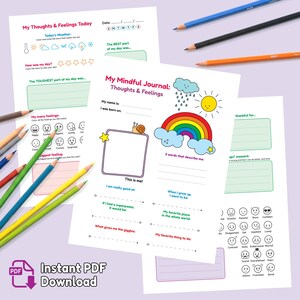 May include: A printable PDF journal with prompts for daily reflection. The journal pages feature sections for weather, feelings, and personal thoughts, with colorful illustrations of a rainbow, sun, and clouds. Colored pencils are scattered around the pages.