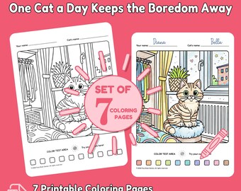 子供向け猫の塗り絵7枚セット、印刷可能な子供向け塗り絵ブック、スクリーンフリーのアクティビティ、PDF版を即時ダウンロード可能