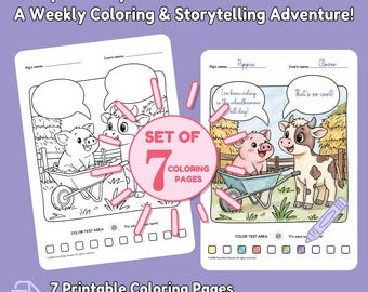 動物の塗り絵7枚（吹き出し付き）、子供向けストーリーテリングアクティビティ、印刷可能な塗り絵ブック、デジタルダウンロードPDF