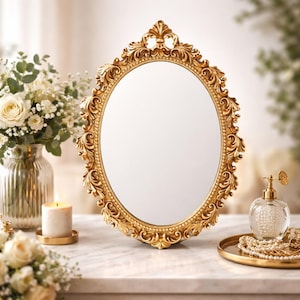 Vintage barock oval guldspegel – Utsmyckad utsmyckad ram heminredning