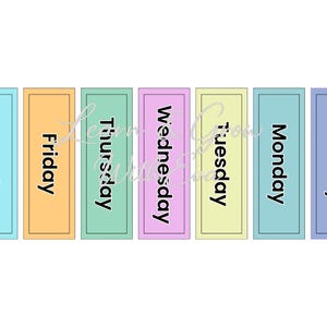 May include: Rectangular cards in pastel colors, each labeled with a day of the week: Saturday, Friday, Thursday, Wednesday, Tuesday, Monday, and Sunday. The text is in a black, sans-serif font.