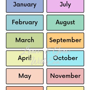 May include: A colorful educational chart featuring the months of the year. Each month is displayed in a rectangular box with a different pastel color. The text "MONTHS OF THE YEAR" is at the top. The months are listed from January to December.