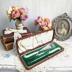 May include: An antique silver surgical instrument set in a brown leather case with a green velvet lining. The set includes a spatula and two other tools with ornate handles. The case is open, revealing the instruments. A bouquet of roses sits nearby.