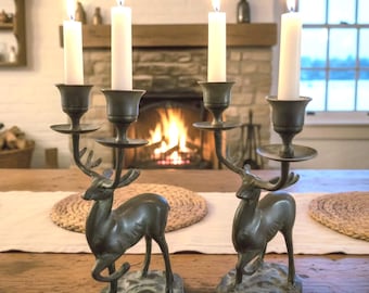 Vintage Stag Candle Holders Pair, – Woodland Deer Candlesticks, Rustic Hunting Home Decor