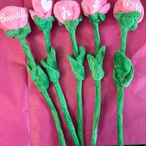 Op de afbeelding: Vijf pluche roze bloemstelen met groene stelen en bladeren. De bloemhoofden hebben witte tekst of ontwerpen, waaronder de woorden "Beautiful" en "RYNN", een hart en balletthema's. De bloemen zijn gerangschikt op een roze oppervlak.