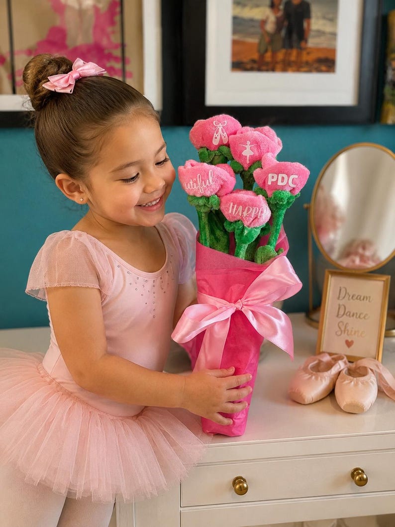 Op de afbeelding: Een jong meisje in een roze balletoutfit houdt een boeket roze pluche bloemen vast. De bloemen zijn verpakt in roze papier en vastgebonden met een roze lint. De bloemen hebben de woorden "Beautiful" en "Happy".