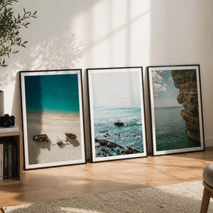 Set of 3 Coastal photographs for print,Three coastal photographs with turquoise beach, boat on the sea and cliff facing the ocean