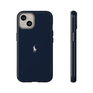 May include: A navy blue phone case with a silver logo of a polo player on a horse. The case has a glossy finish and a camera cutout. The side view shows the case's thickness and button placement.