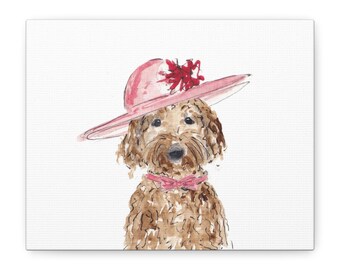 Dog with pink hat canvas